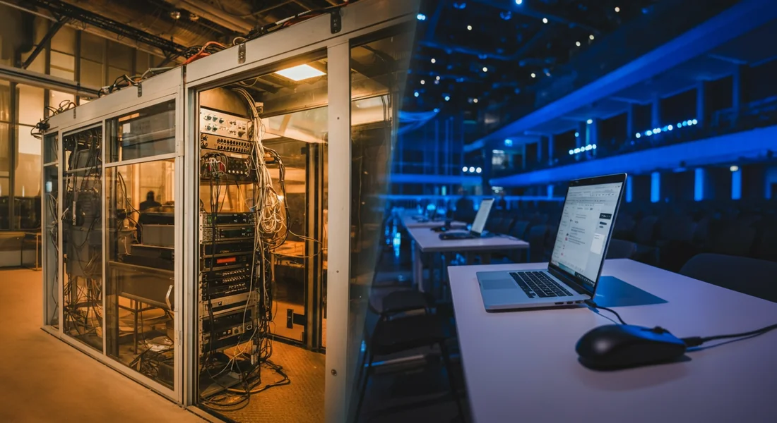Traditional interpreter booth vs. modern AI interpretation setup